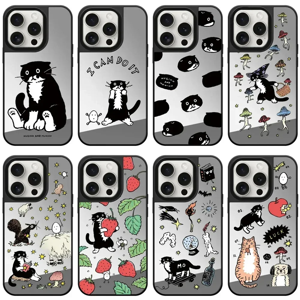 Cartoon Black Cat Strawberry Mirror Magnetic iPhone 11 12 13 14 15 Pro Max Protective Case