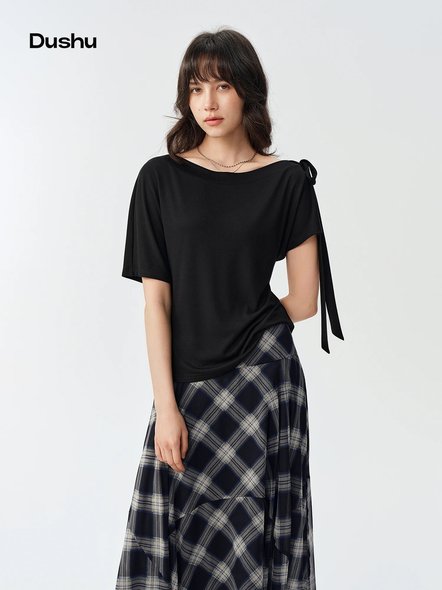DUSHU 2026 Fall New Women‘s Asymmetric One-Shoulder Tie-Front Top, Short Sleeve Ruched Blouse for Designer Street Style Top