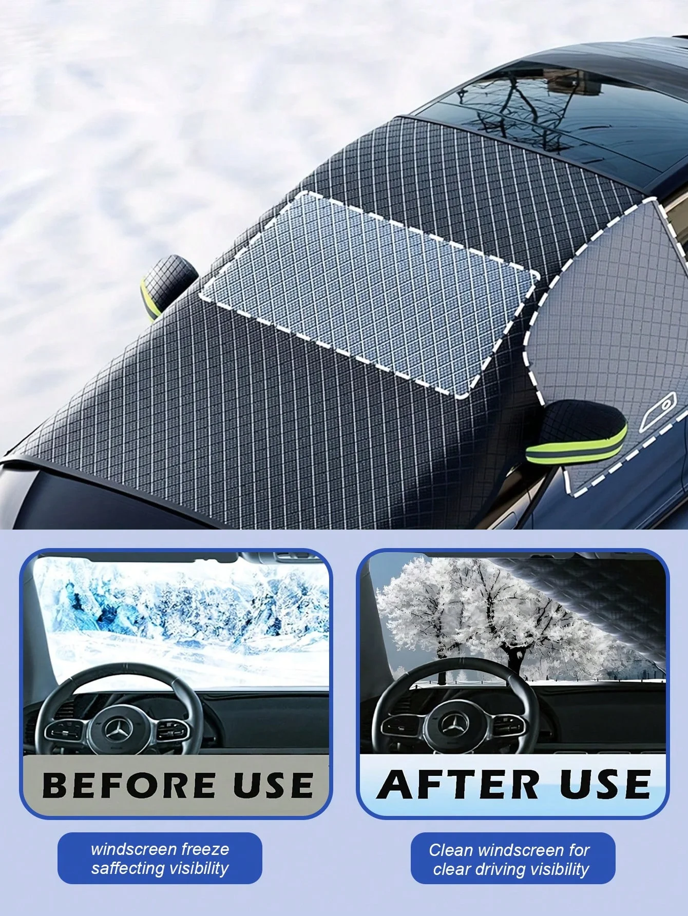 غطاء زجاج السيارة الأمامي المغناطيسي، درع الثلج/الصقيع ثلاثي الاتجاهات، حماية سميكة ضد الجليد (النوافذ الأمامية/الجانبية)، سهل التركيب (قوي ماج