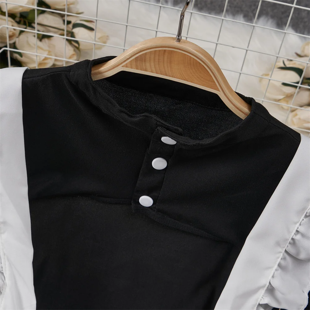 Long Sleeved Slim Hollow Jumpsuit With Strap Apron Metal Buckle Bow Ruffle Sweet Sexy Women\'s Pajama Set Maid Cosplay Lingerie