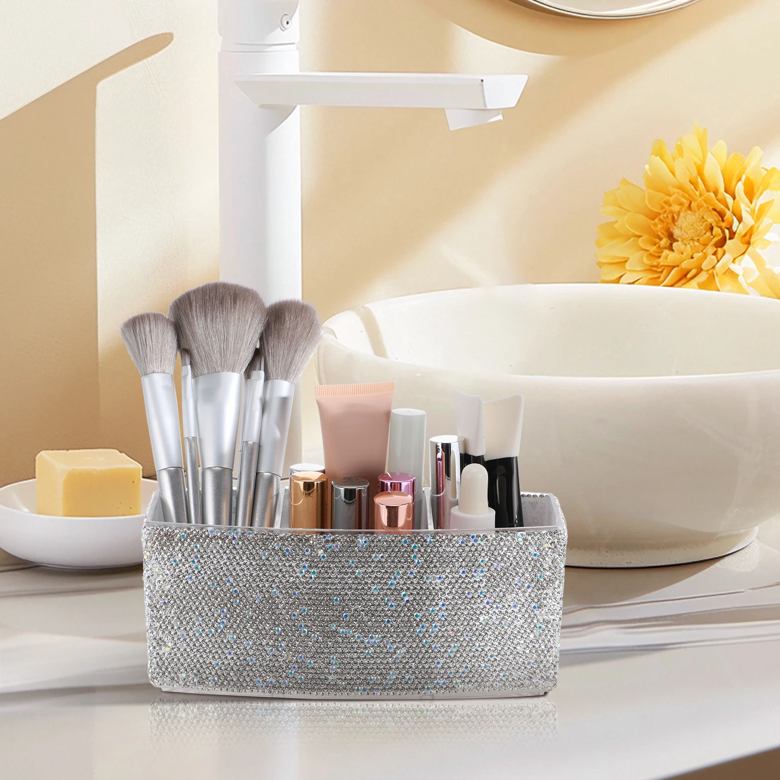 

Stylish Rectangular Rhinestone Makeup Brush Holder 3 Compartments Bling Organizer for Vanity Desk Bedroom Storage Box