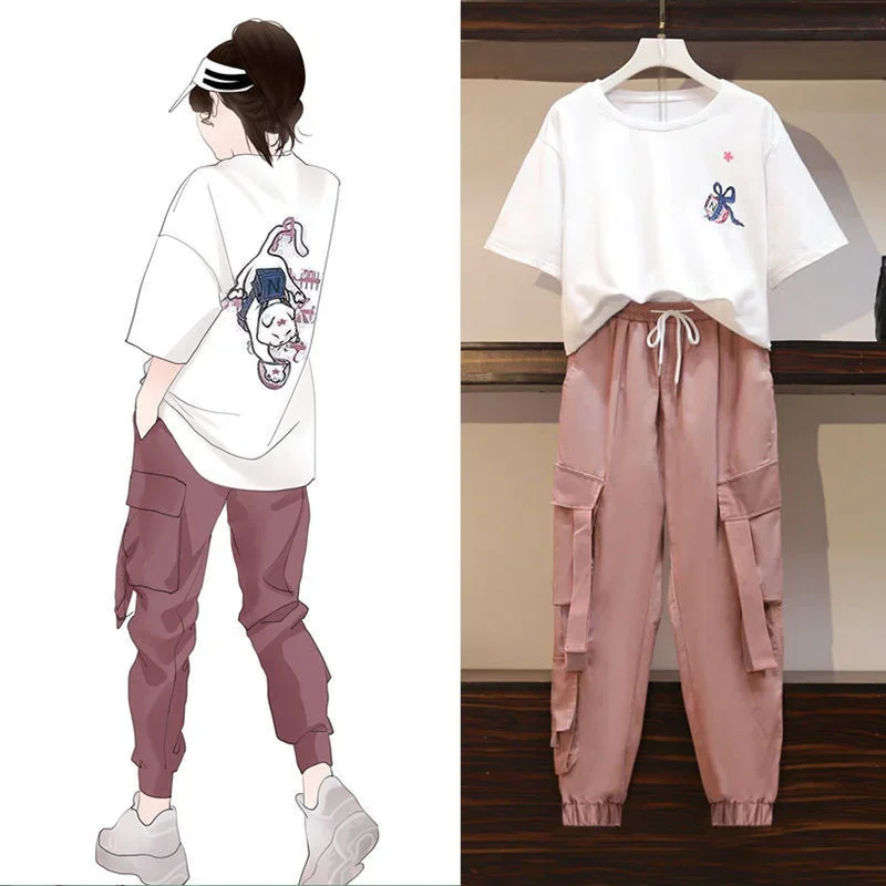 

Women's Casual Plus Size Clothing Suit 2025 Spring And Summer New Fashion Loose Tops Pants 2 Two Piece Set For Women 5XL Outifts