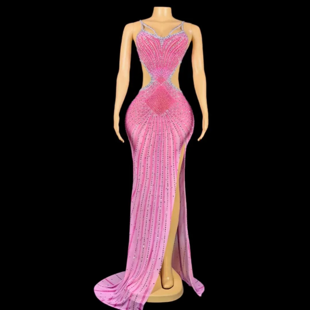 Luxrious Rhinestones Backless High Split Long Dress Sexy Evening Birthday Celebriate Prom Gown Photo Shoot Dress Xigua