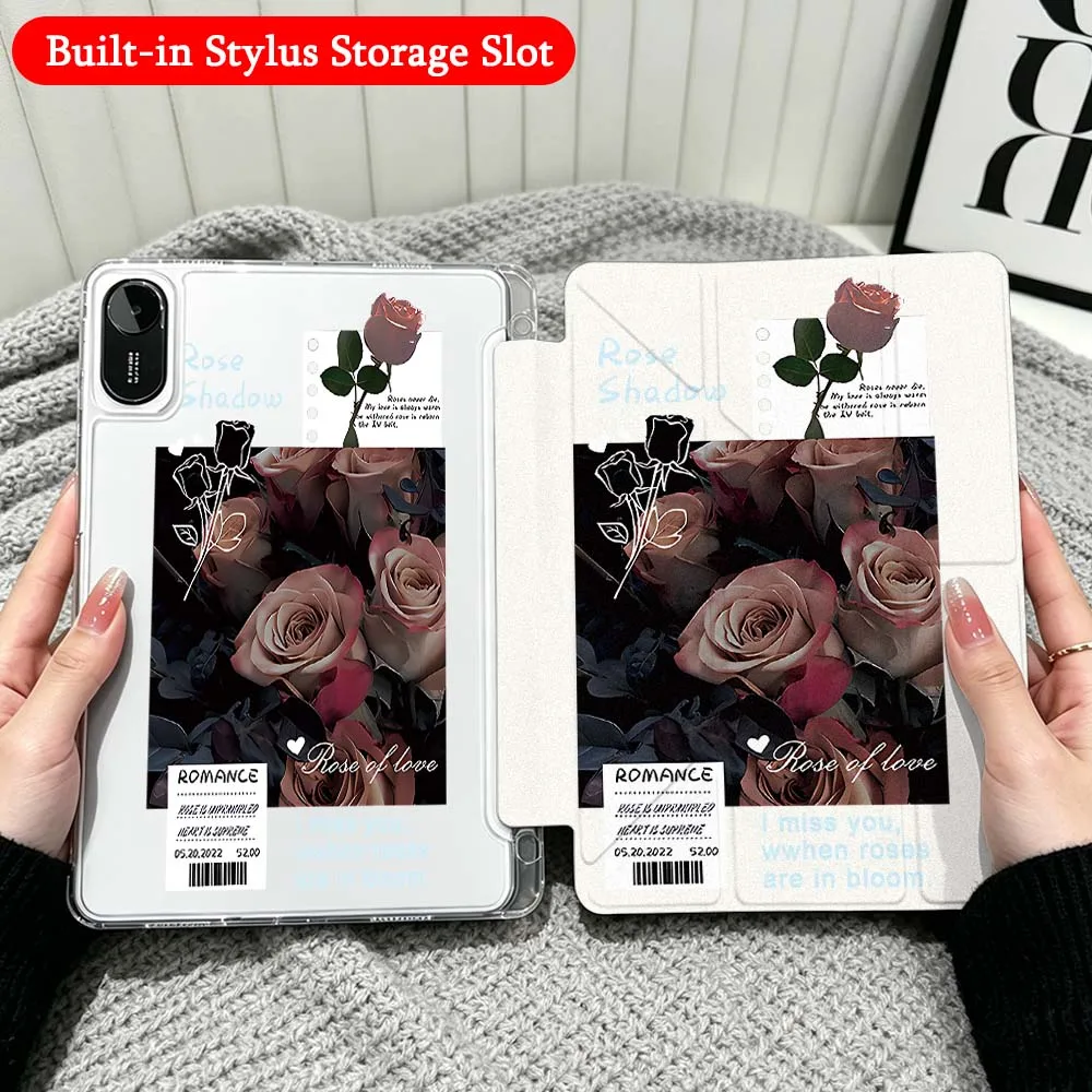 White Roses Bouquet For Xiaomi Redmi Poco Pad 5 6 7 8 Pro SE 11 11.2 12.1 Inch Transparent Y-Shaped Folding Tablet Case