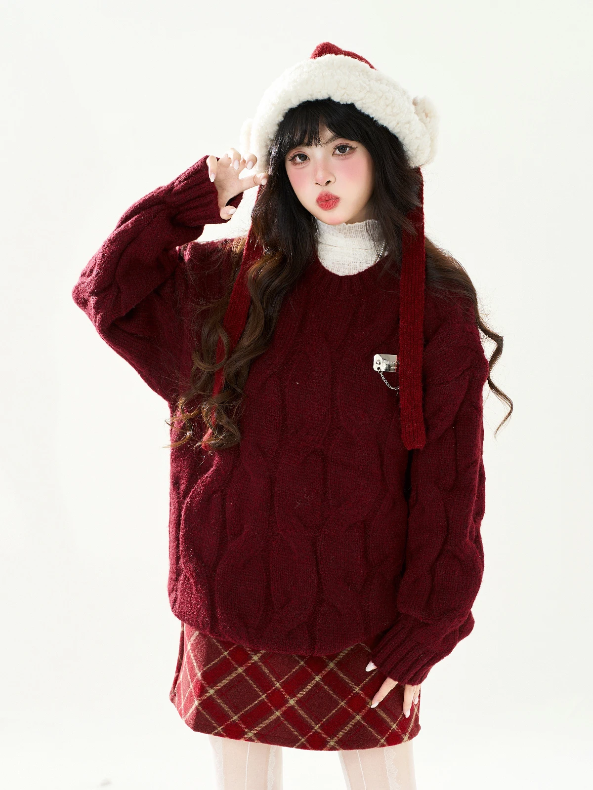 

ENJOG Red Thiened round Ne Knitted Sweater Women's Autumn Winter Loose Casual Sle Long Sve Knitting Outerwear