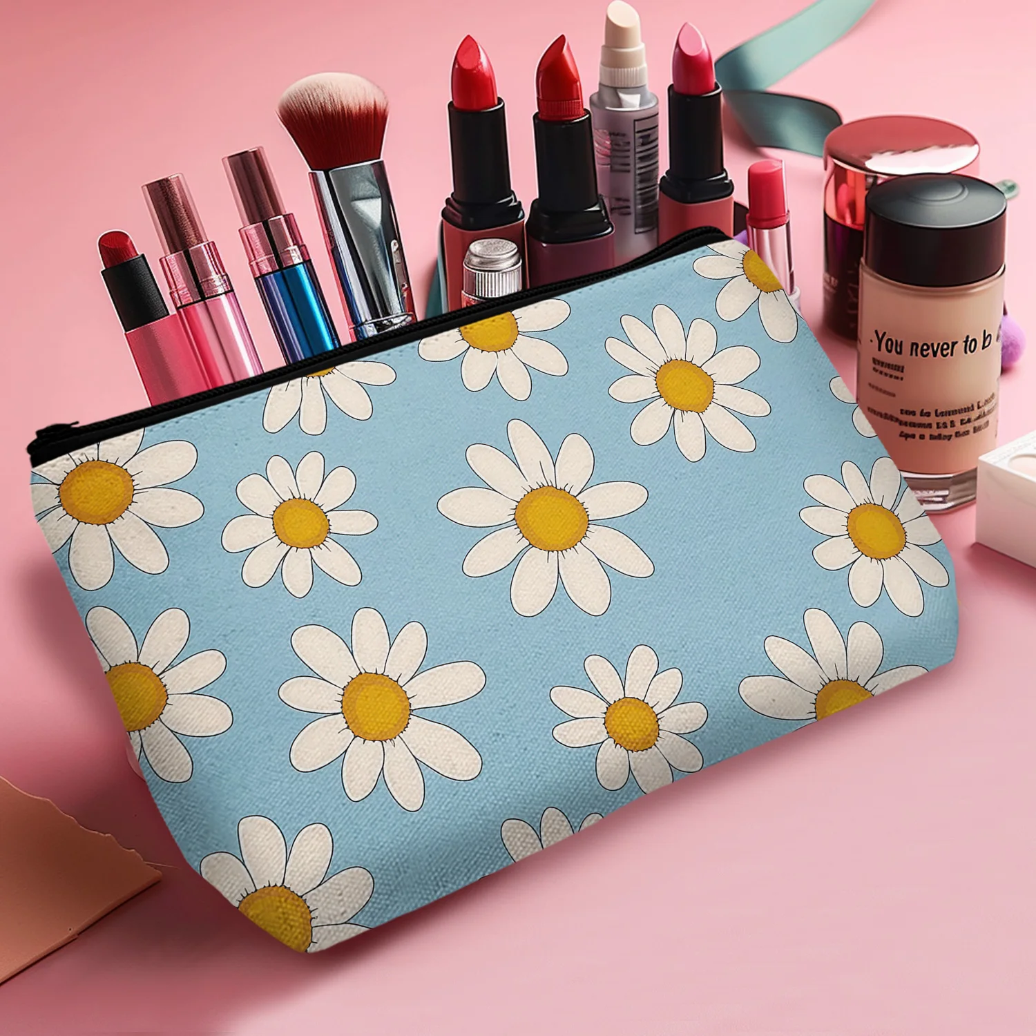 1Pc Daisy Makeup Bag Blue Cosmetic Bag With Zipper Travel Toiletry Bag Best Gift For Teen Women Birthday Christmas Gifts