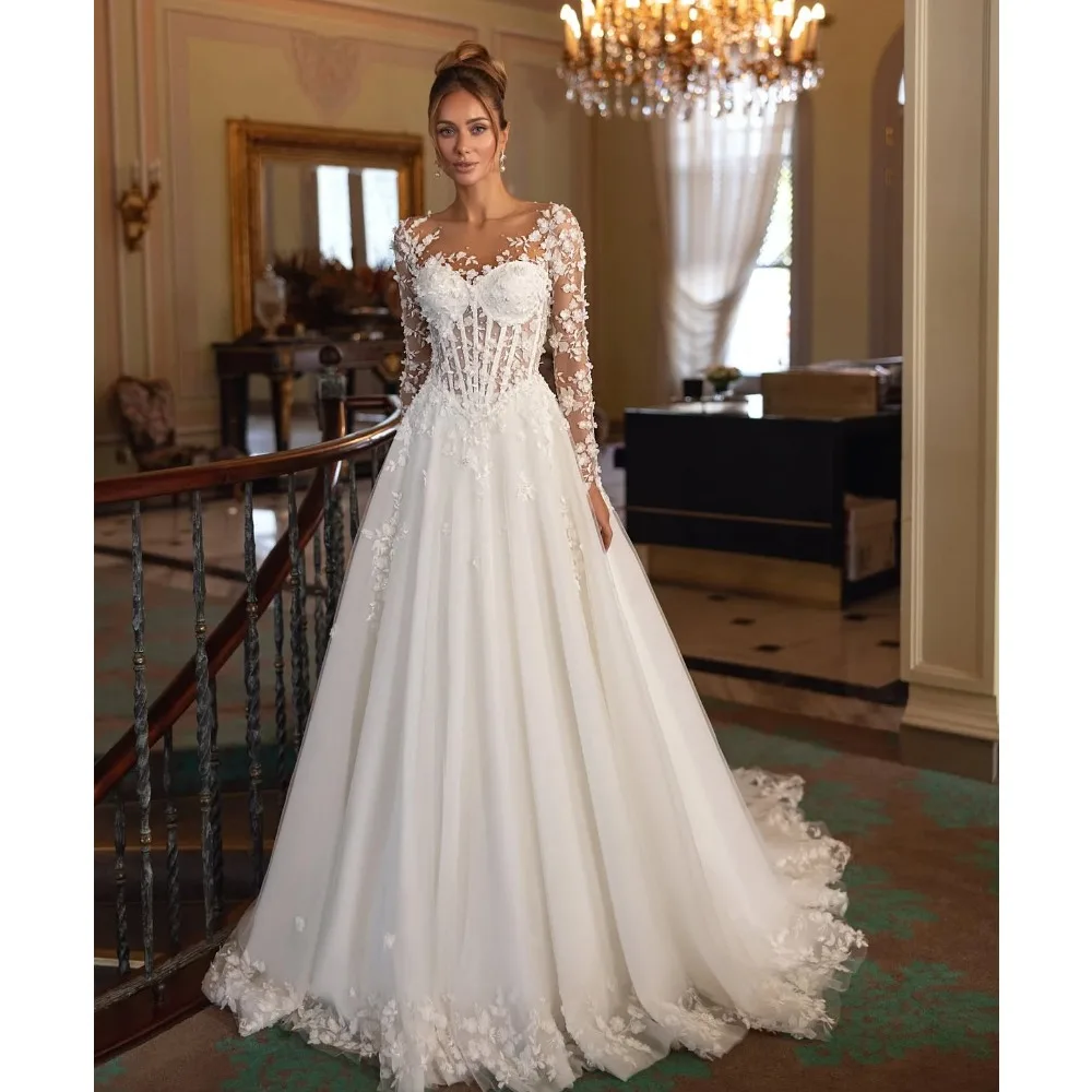 Elegant A-line Wedding Dresses O-neck Long Sleeves Appliques Floor Length Bridal Gown for Bride vestido de novia