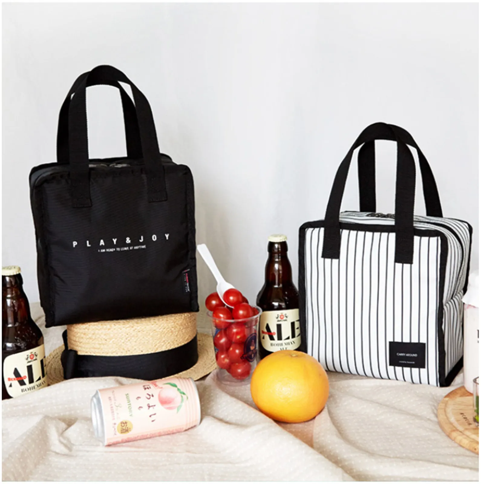 Black And White Stripes Simple Insulated Thermal Camping Bag Picnic Cooler Bag Camping Accessories Office Worker Lunch Box