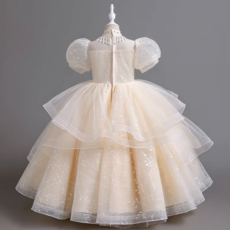 High-end Flower Girls Princess paillettes Wedding Christmas Party Dress elegante manica a sbuffo adolescente bambini bambini garza abiti