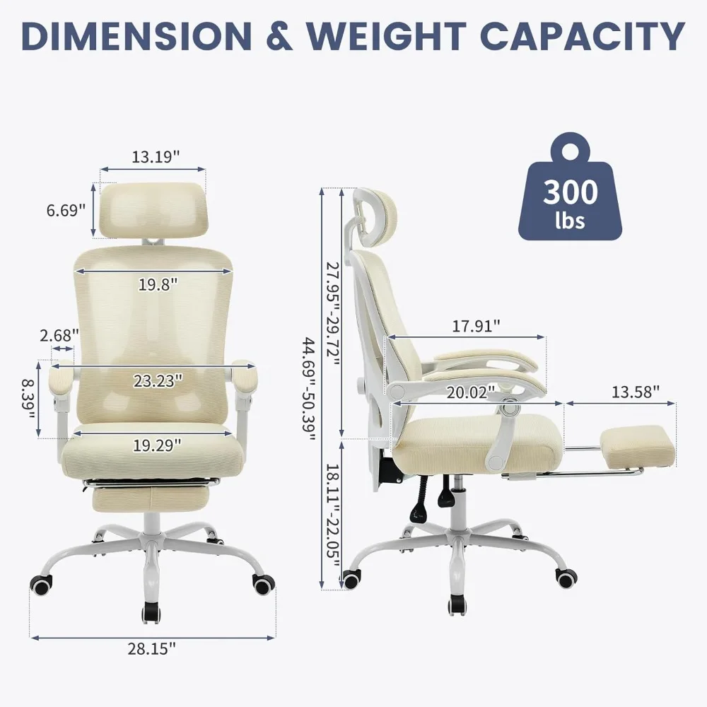 Ergonomic Office Chair - Home Desk Chair with Footrest, High-Back Mesh Computer Chair with Headrest Adjustable Lumbar Support, R