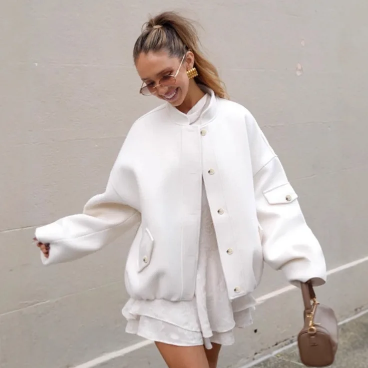 Chaqueta informal holgada de otoño con cuello levantado y bolsillos de un solo pecho, chaqueta con dobladillo elástico para mujer, prendas de vestir diarias para ir al trabajo