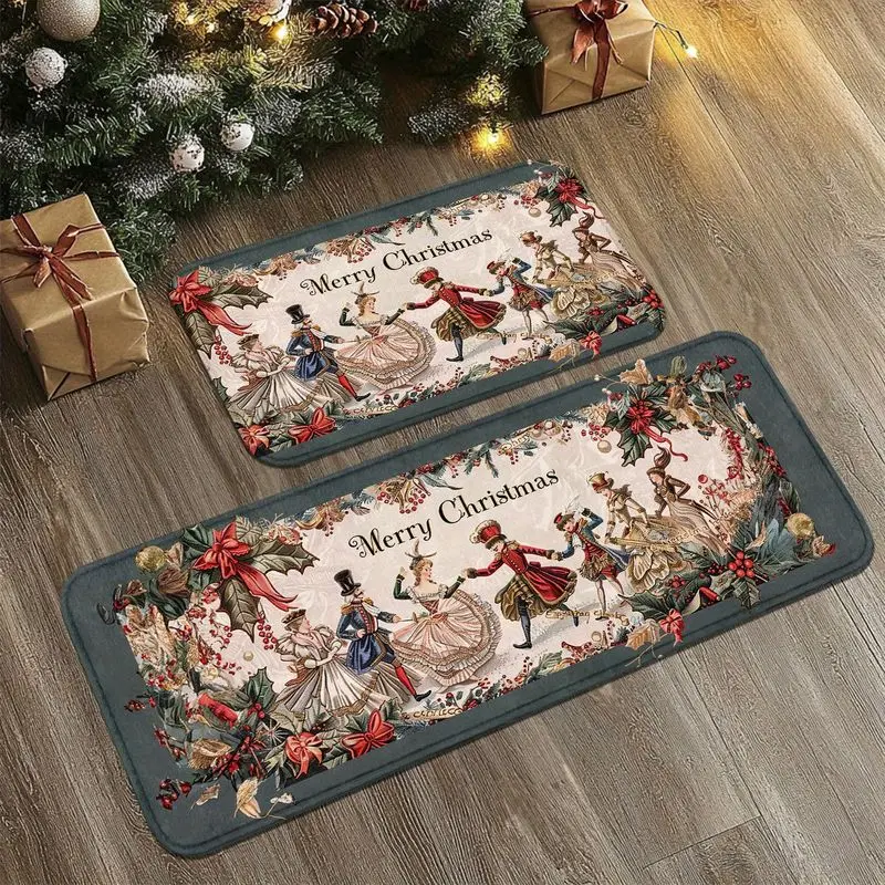 VIKAMA Vintage Merry Christmas Rug Set 2pc Toile Oil Painting Xmas Dancer Dark Green Non-Slip Washable Kitchen Mat Holiday Decor