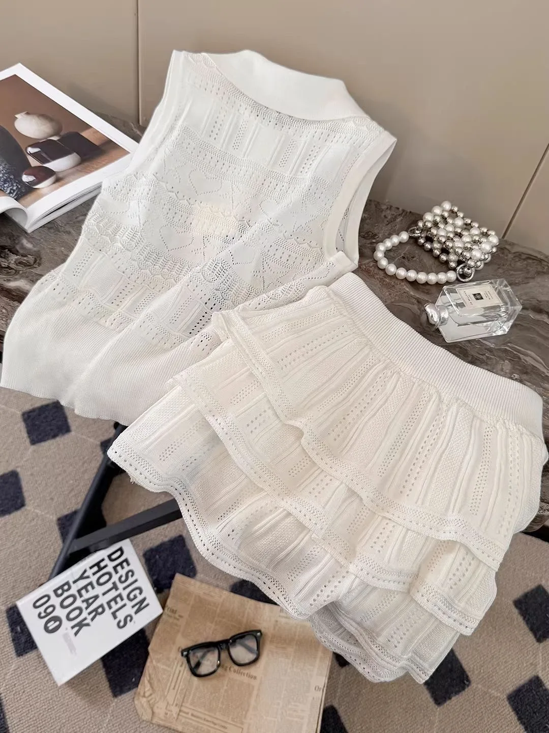 

Fashionable Thin Hollow out Knitted Top And High Waist Skirt Two Piece Set for Women Spring Summer Season Polyester Fiber
