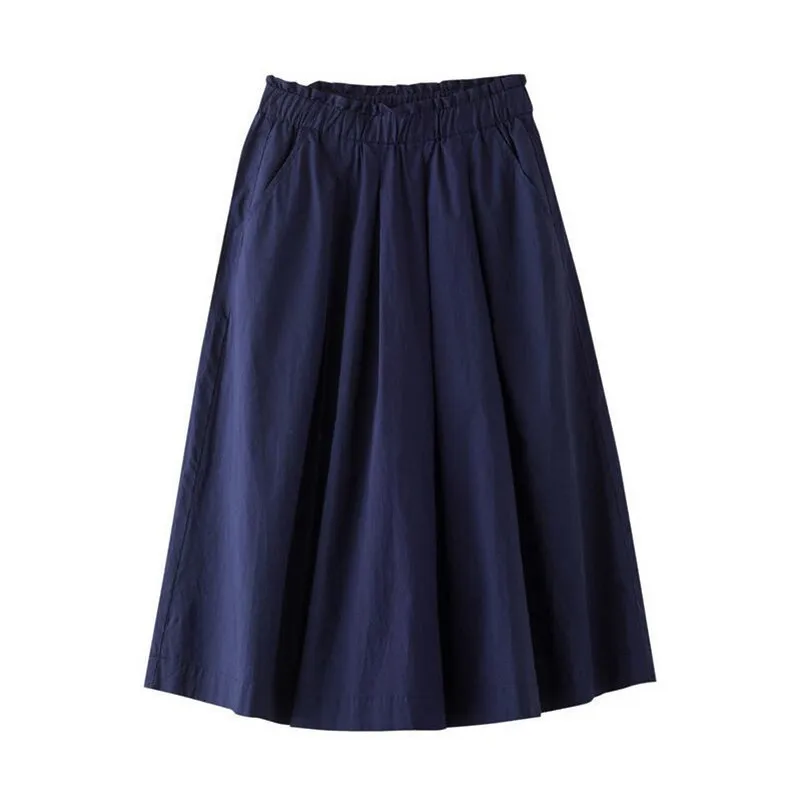 Cotton Linen Vintage Women clothing Bottoms 2025 Pure Women Casual Skirt for girl pleated Female skirts with pocket