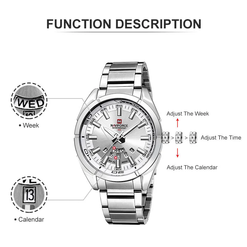 NAVIFORCE Watch Men Fashion Stainless Steel Waterproof Casual Wristwatch Quartz Calendar Sport Military Clock Relogio Masculino