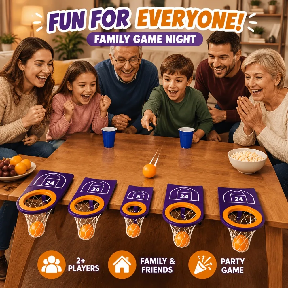 Desktop Ping Pong Toss Game, 4 Large Hoops, 1 Small Hoop, 6 Balls, Interactive Party Game, Christmas Gift and Tabletop Toy