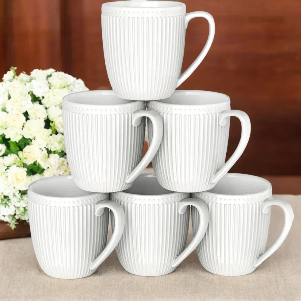 Beautiful Set of 6 White Porcelain Coffee Mugs with 16 Oz Capacity - Elegant and Comfortable Large Mug Sets with Embossed Design