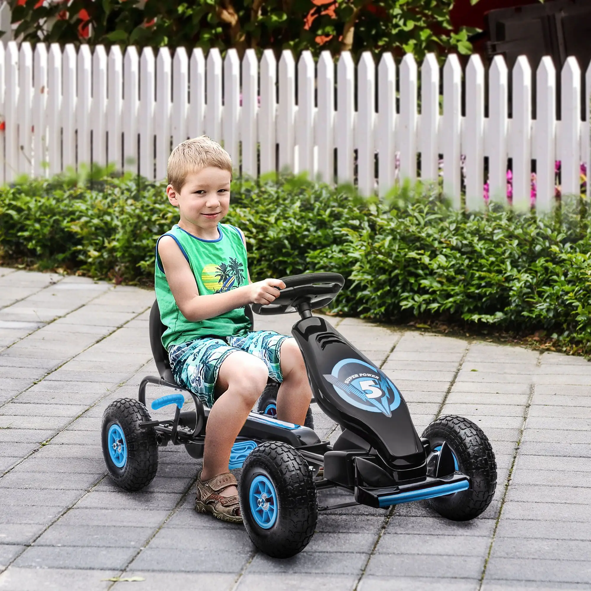 Kids Pedal Go Kart Ride-on Toy Blue Safety Hand Brake, Ages 5-12 with Ergonomic Comfort Wear-Resistant Tread