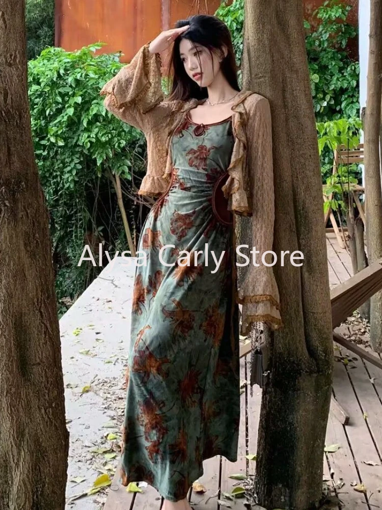 Vintage Elegant Floral Slip Dress Women Hollow Out Designer Korean Velvet Long Dress Female Autumn Matching Two Piece Dress Set