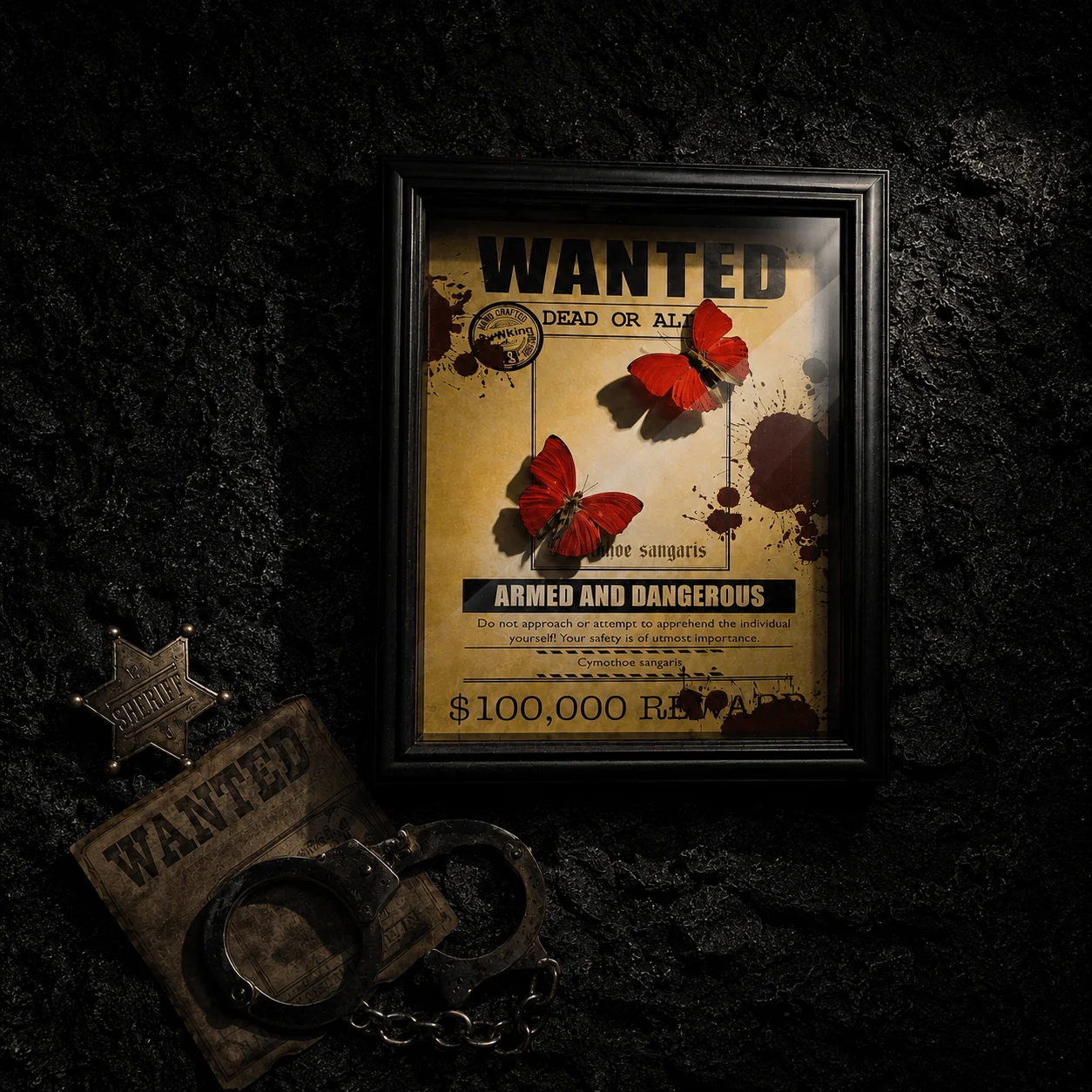 Dark Western Gothic Framed Double Cymothoe Sangaris Butterfly, Original Vintage Wanted Poster Background Artwork, Collector Gift