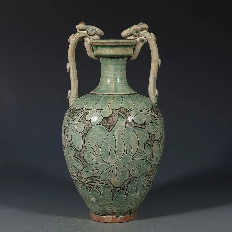 Song Cizhou Kiln Green Glazed Entangled Branches Shaved Double Dragon Zun Vase Antique Porcelain Home Decoration Ornament