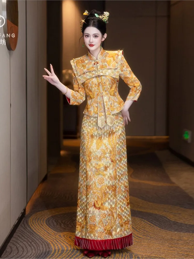 Dragon and phoenix gown bride's wedding Chinese-style dress heavy industry toasting