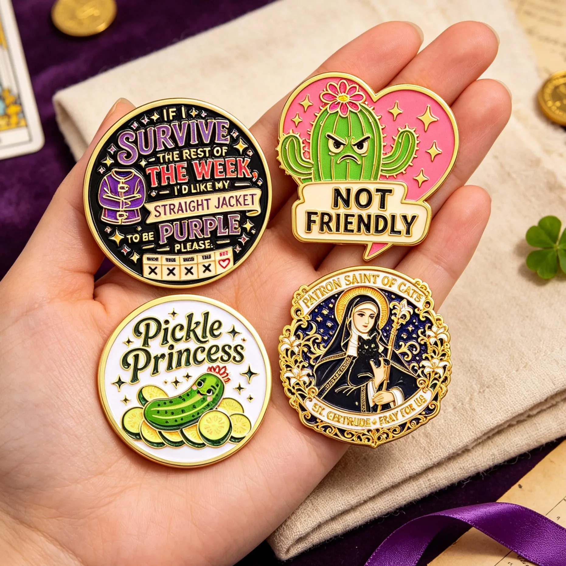 Broches y pines de esmalte con diseños humorísticos: cactus, pepino, princesa. Ideales para mochilas, como joyería divertida o regalos de cumpleaños.