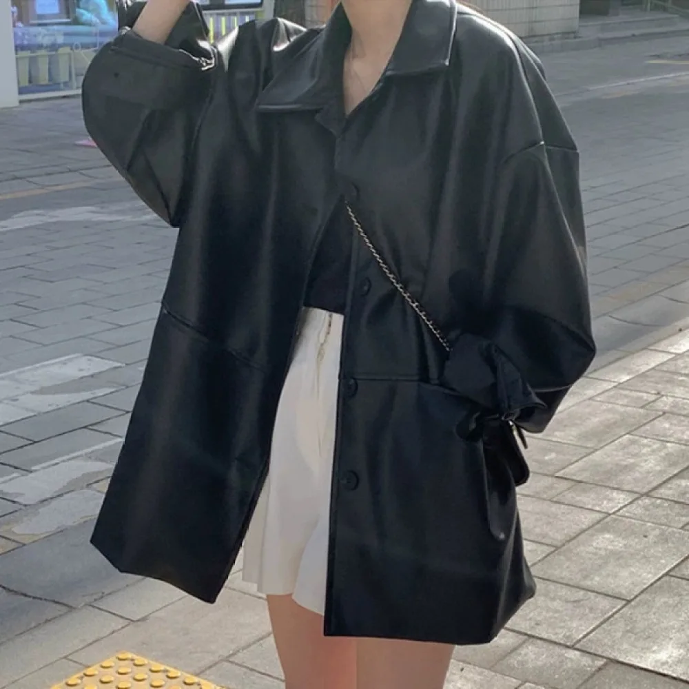 Fashion Women Faux Leather Jacket Autumn Lapel Single Breasted Loose Outerwear Street Style Black Pu Leather Coat Female