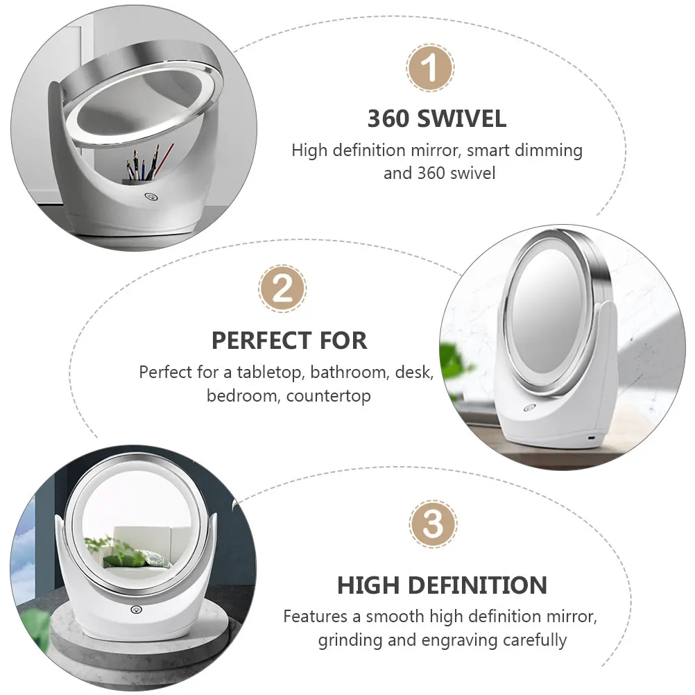 Dimming LED Mirror Smooth Hd Grinding Engraving Tabletop 360 Swivel Desktop Mirror for Bedroom Bathroom