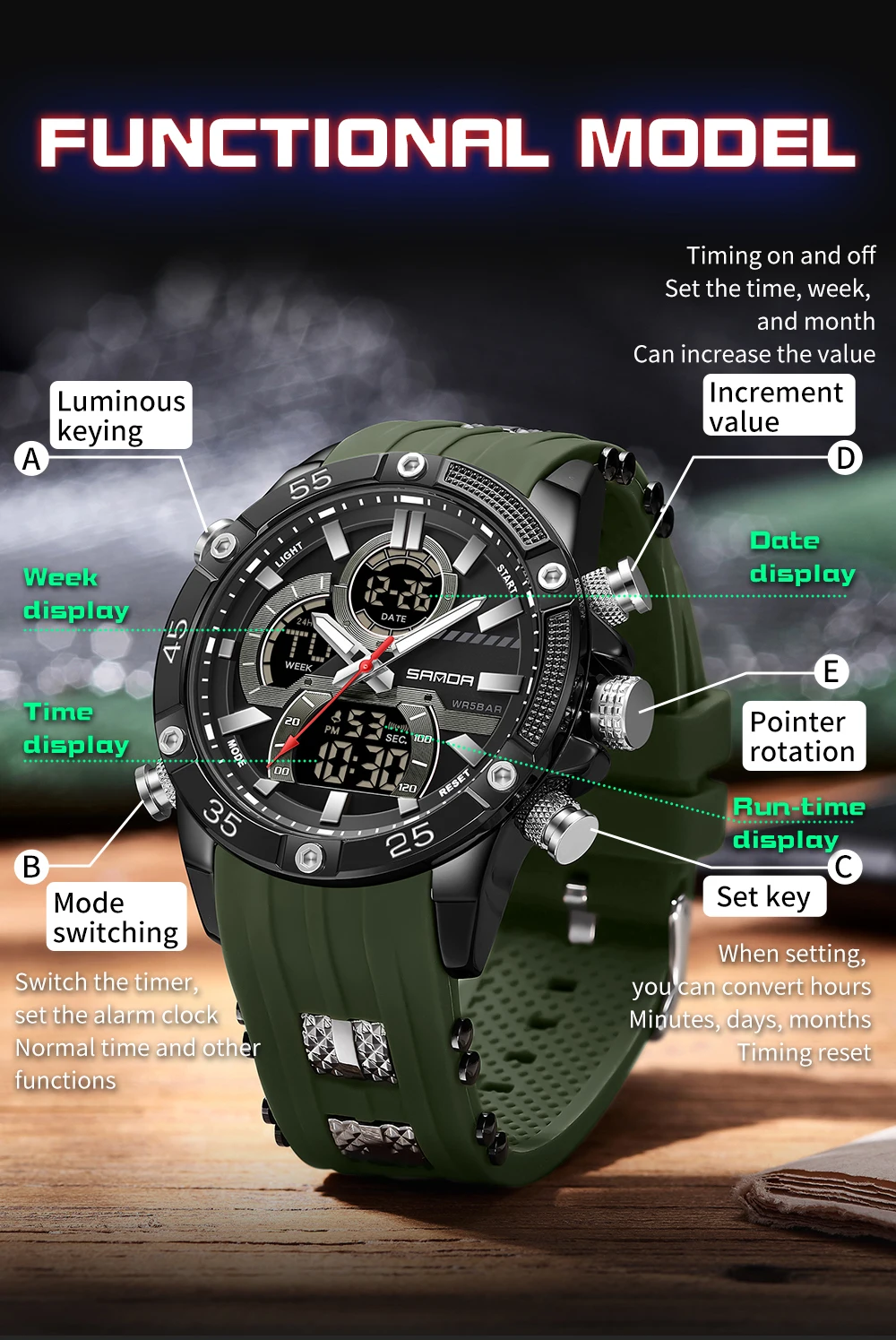 SANDA New 6162 Fashionable Men's Electronic Watch Sports Fashion Multifunctional Waterproof LED Men's Electronic Watch 2025