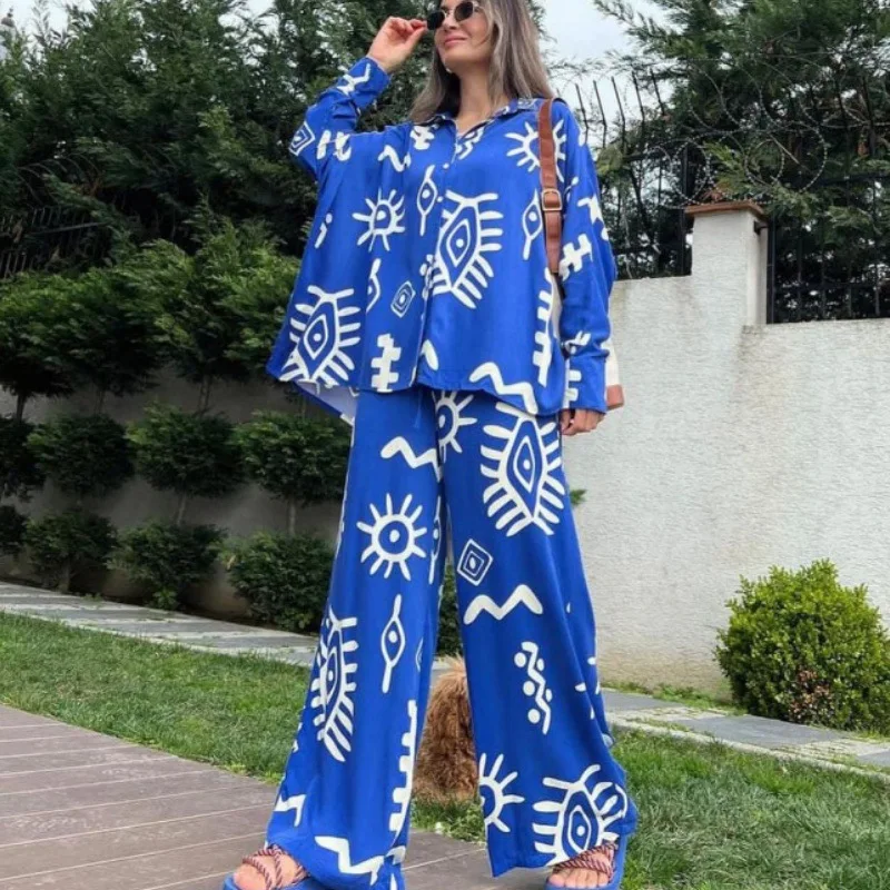 Women Pant Sets Suit Print Turn Down Collar Long Sleeve Matching Sets Casual Shirt Waist Lace Up High Waist Wide Leg Pant