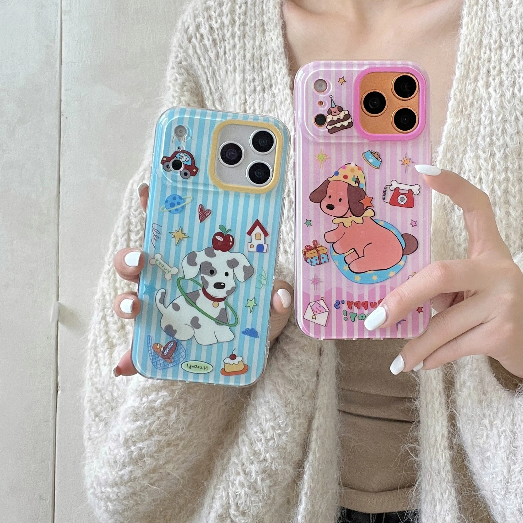 Korean INS Striped Puppy Anti-fall Acrylic Phone Case For iPhone 17 16 Pro 15  Pro Max Cover Shockproof Cute Protective Cases