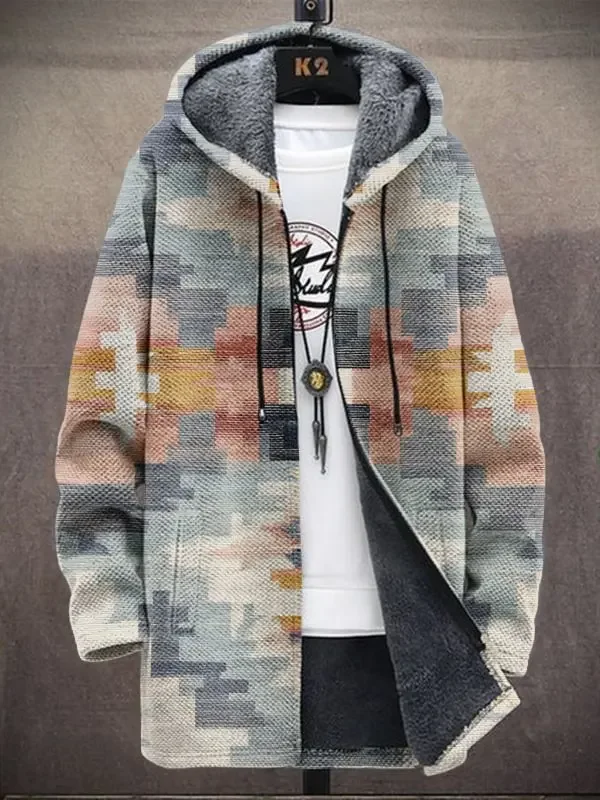 Men's Colorblock Plaid Geometric Art Print Hooded Trench Coat Hoodies Fleece Lined Sweater Coats