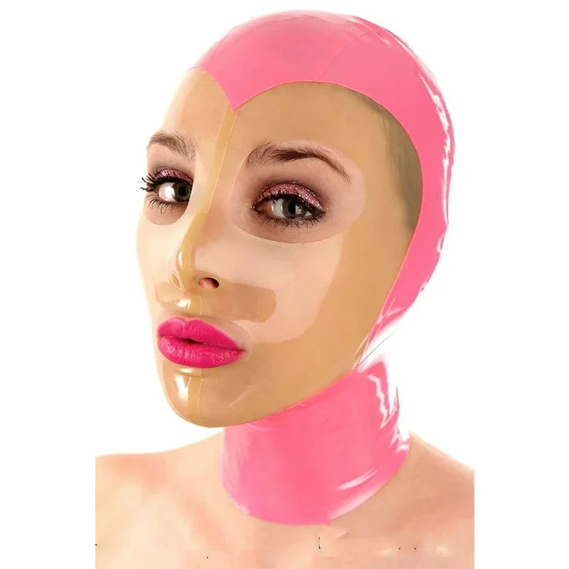 

Latex Mask Pink with Transparent Rubber Hoods Sexy Fetish Back Zip Cosplay Party Catsuit Clubwear for Women