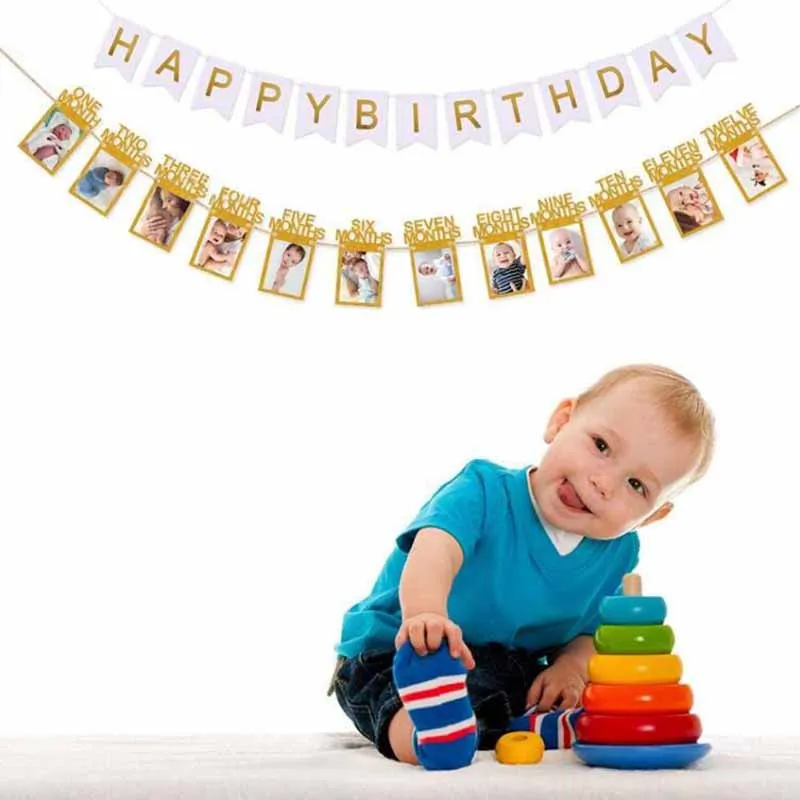 Baby-Fotobanner zum ersten Geburtstag, 1–12 Monate, Foto-Requisiten, Junge, Mädchen, Fotografie, Wimpelkette, Girlande, Babyparty, Partydekoration – Detail 25
