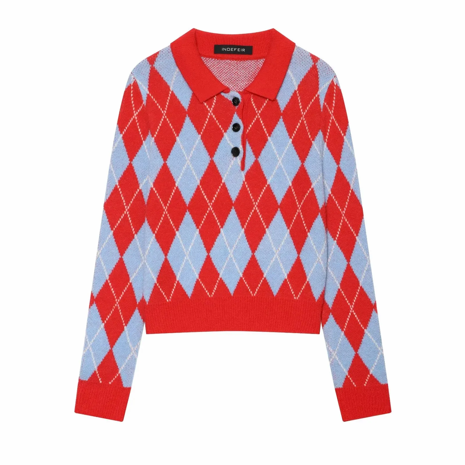 Damen Vintage Diamant Geometrisches Muster Häkel-Strickpullover Weiblicher Schicker Polokragen Schlanker Pullover Mantel Damenoberteile – Detail 2