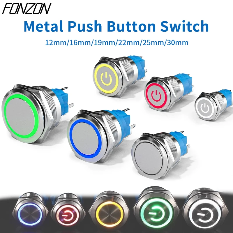 

12/16/19/22mm Waterproof Metal Push Button Switch 3V 6V 12V 24V 220V IP65 LED Light Momentary Latching Car Engine Power Switch