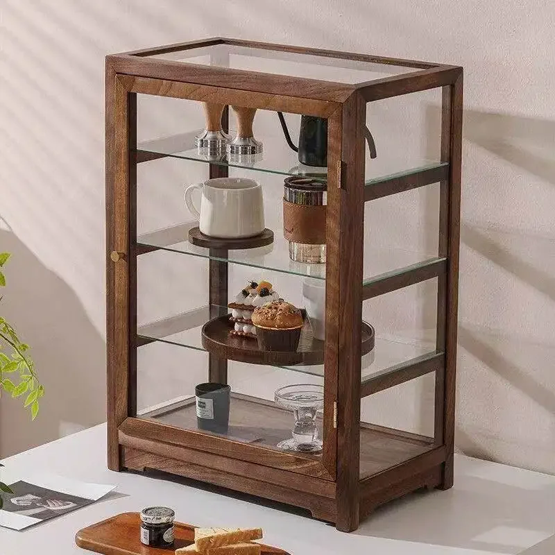 Glass figure display cabinet Solid wood storage cabinet Walnut tea set Water cup storage cabinet Multi-layer