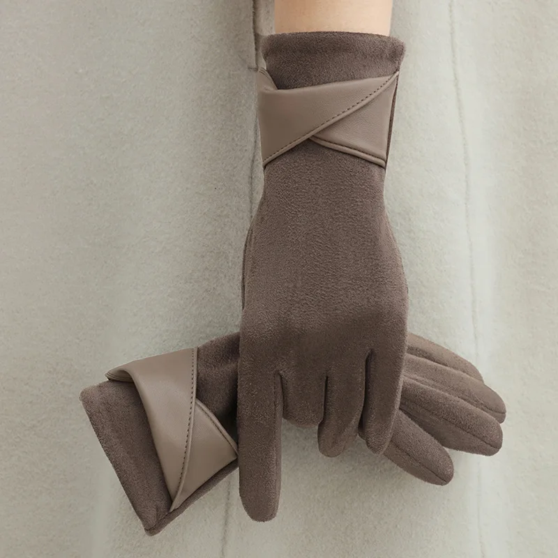 New Suede Gloves for Women Winter Plus Velvet Warm Commercial Style Temperament Bow Touch Screen Riding Driving