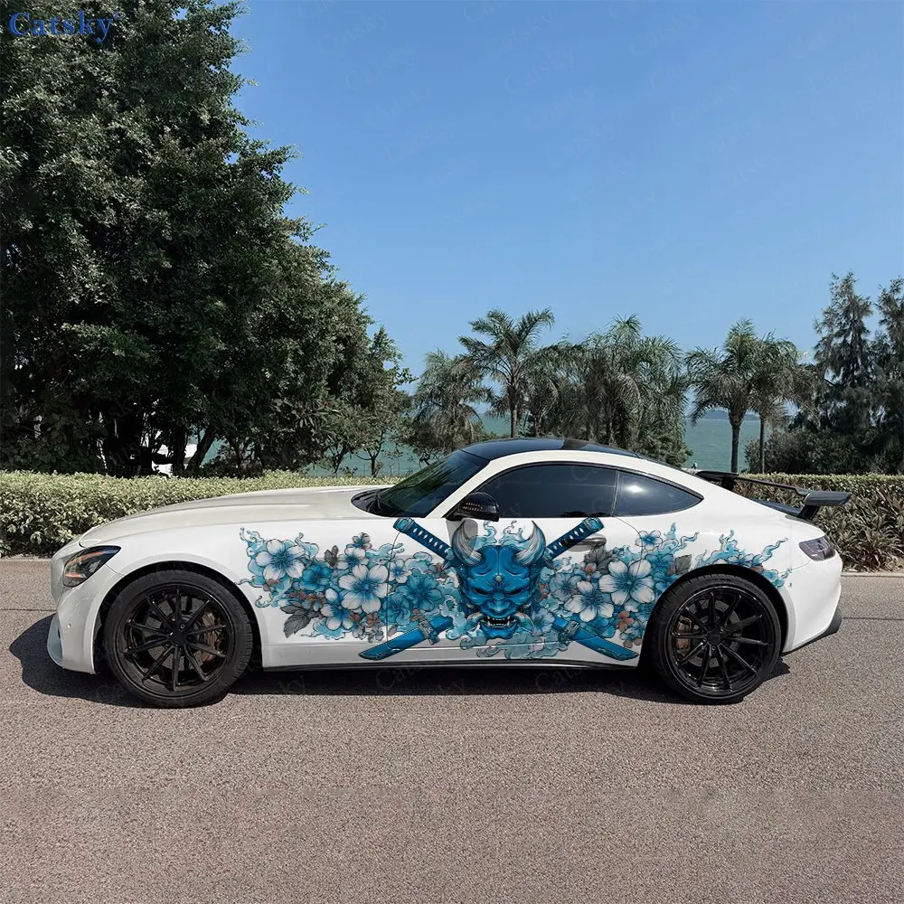 

2pcs Blue Hannya Mask & Sword Car Side Wraps, Self-Adhesive PVC Waterproof & Scratch-Resistant Stickers, Car Accessory Gift