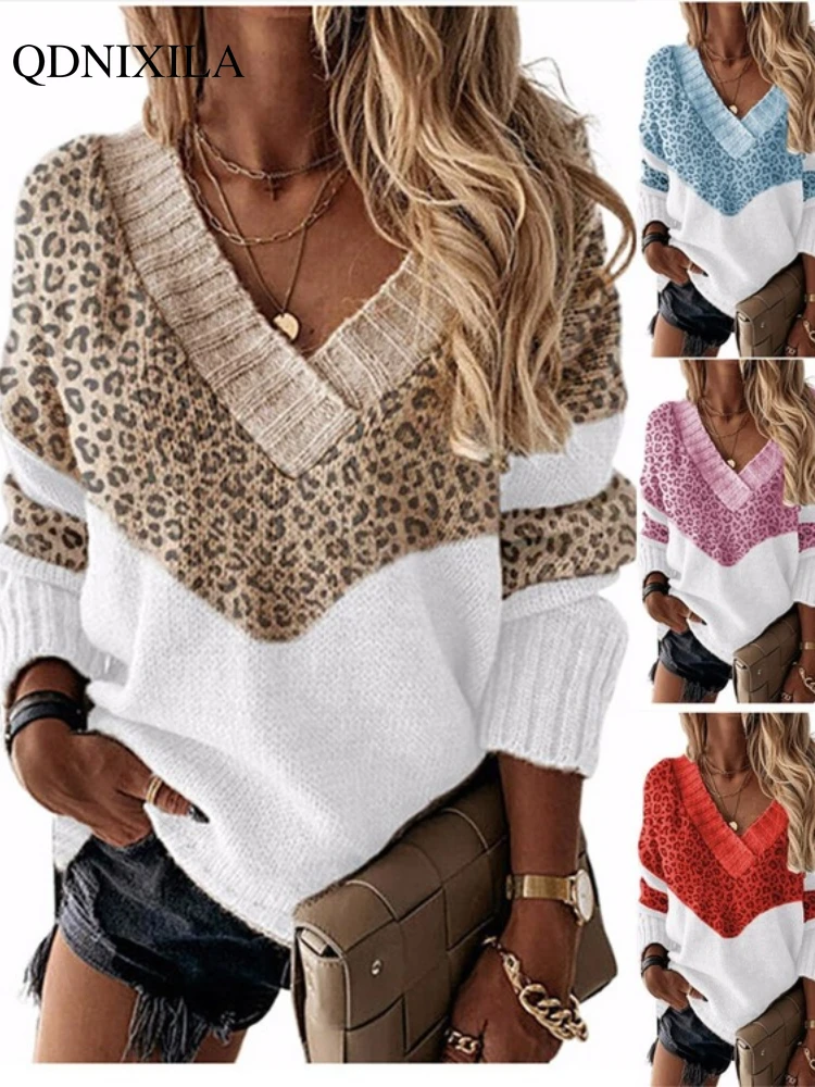 2022 Autumn Winter V-neck Women\'s Pullover Leopard Striped Vintage Long Sleeve Knit Top Korean Fashion Pink Women Sweater Jersey