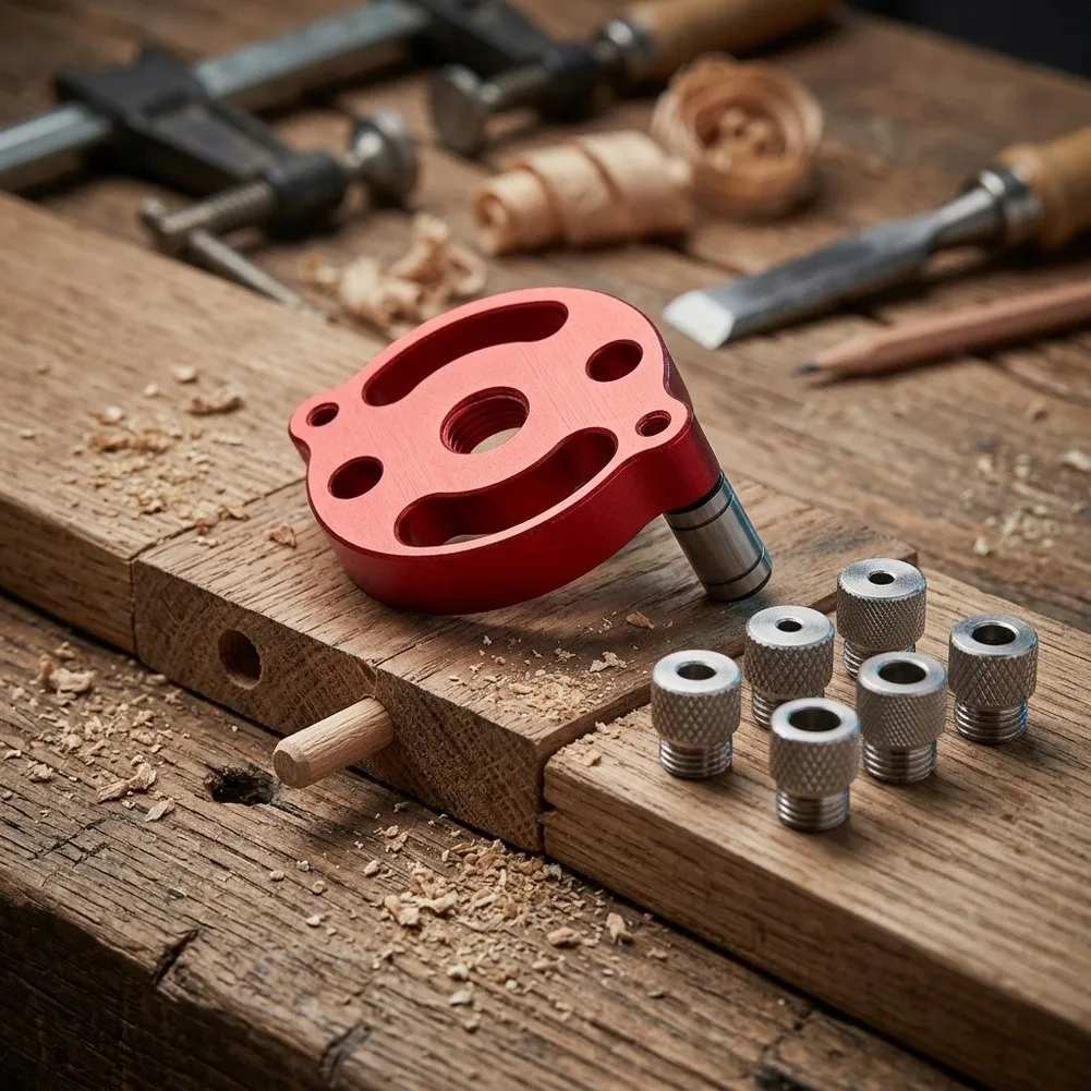 Stainless Steel Drill Bushings Set Mounted on Aluminum Base for Stable Vertical Drilling in Furniture Assembly