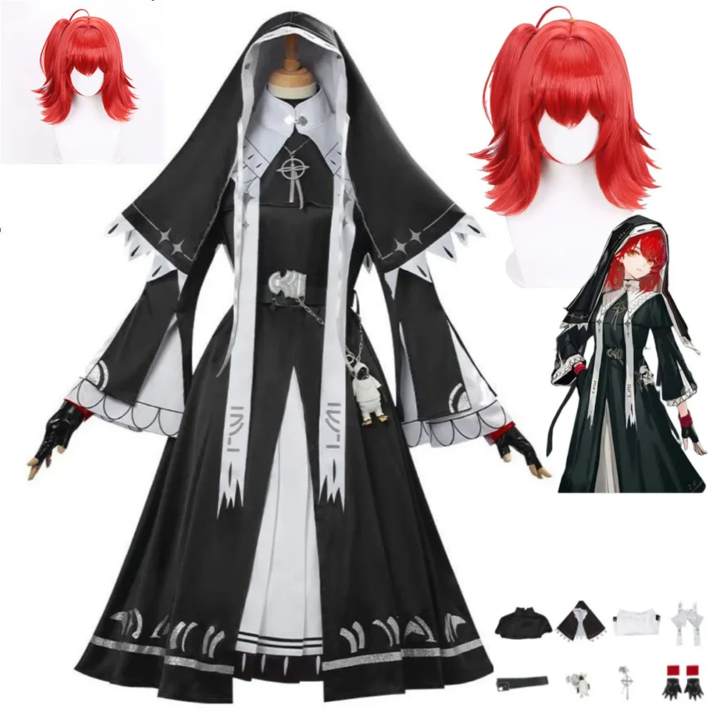 لعبة الفرسان: Perish in Frost Exusiai تأثيري حلي نون فستان أسود الحجاب موحدة شعر مستعار امرأة كرنفال عيد الميلاد البدلة #1