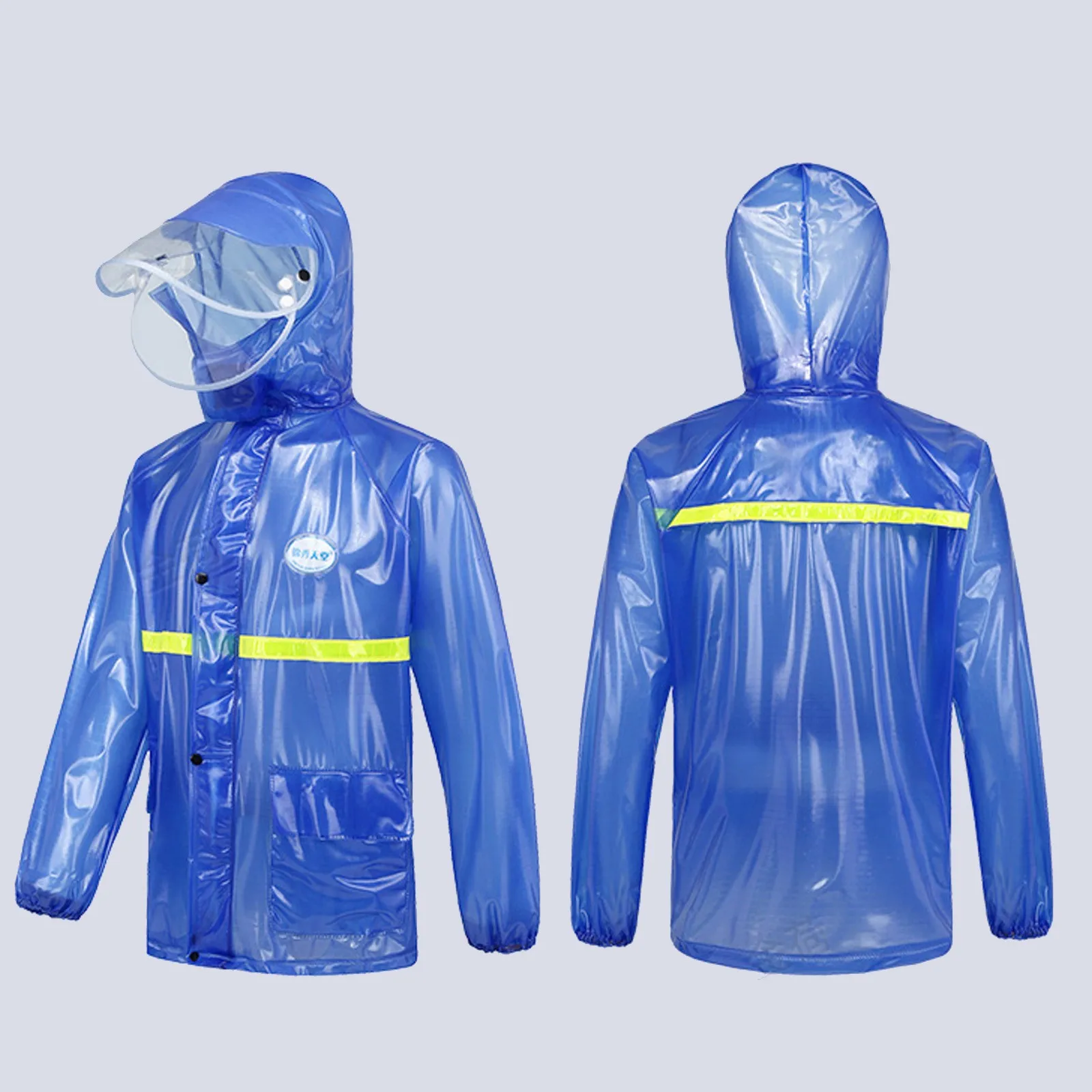 PVC Blue Raincoat Set of Rain Pants Storm-proof Outdoor Reflective Strip Riding Rain Poncho Raincoats+ Rain Pants For Men Women