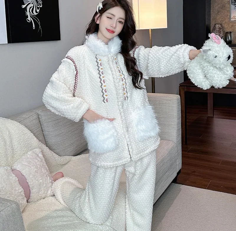 

Pajama Sets For Summer Women Fleece Slim Home Cute Mother Warm Soft V Neck Long Sleeve Ankle Length Pants Winter Grey Checkered