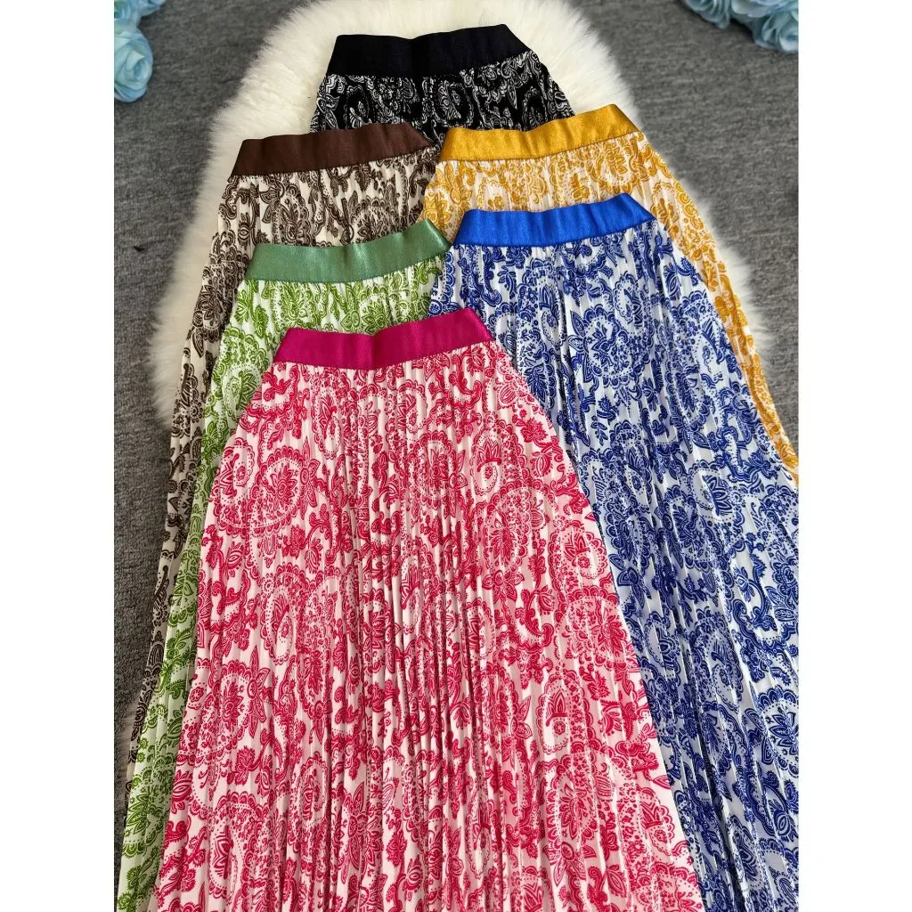 

Women's High Waist Slim Long Skirt 95 Cm European American Style Summer Pleated Print A-line Joker Fashion