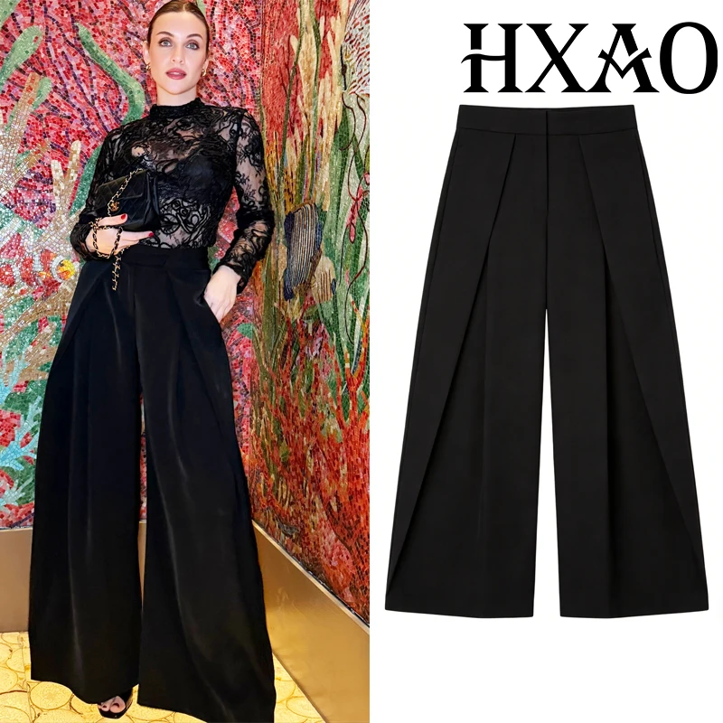 HXAO Schwarze Damenhose mit Falten, Baggy-Stil, Minimalistische Weite Hose, Street-Style Casual-Hose mit Hoher Taille, Palazzo-Hose
