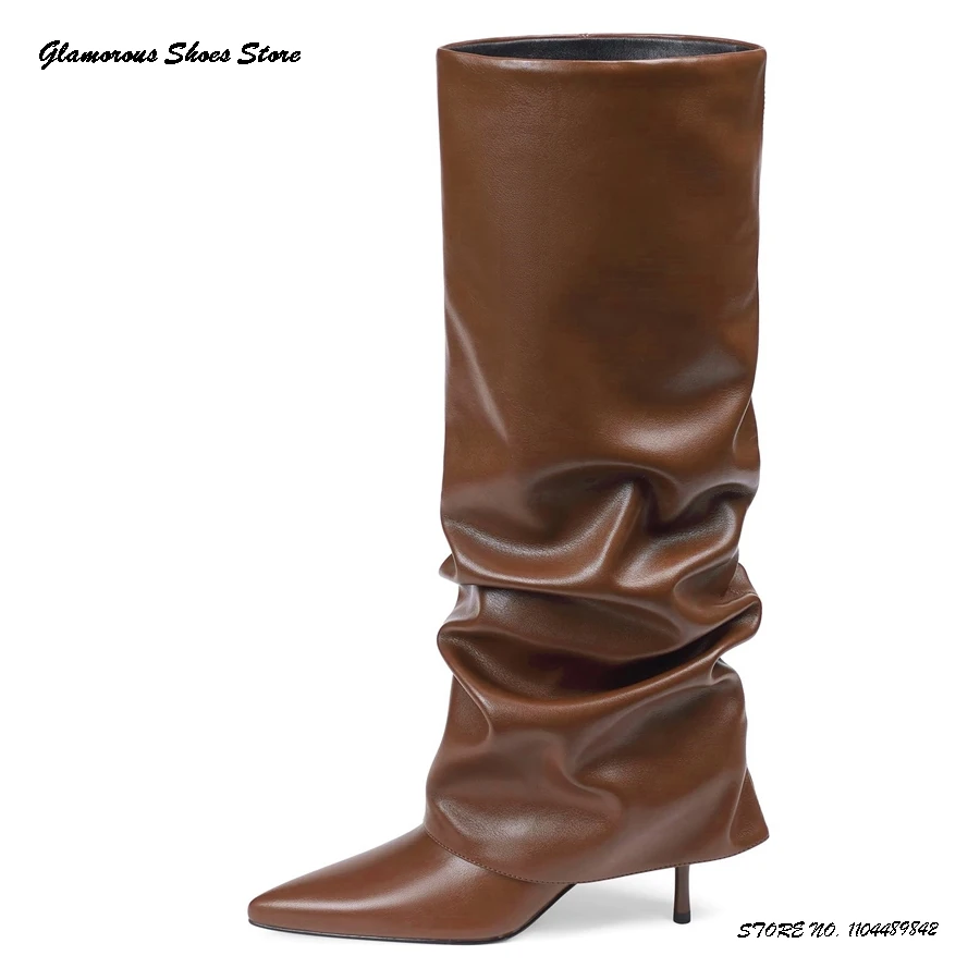 Botas hasta la rodilla de aguja plisadas para mujer, zapatos de tacón fino con punta estrecha, zapatos de talla grande, botas modernas de pantorrilla ancha para primavera y otoño