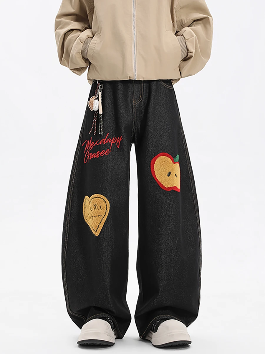 

Boyue American Sle Towel Embroidery Denim Jeans Street Dance Wide Leg Floor-Length Pants for Men Casual Loose Fit