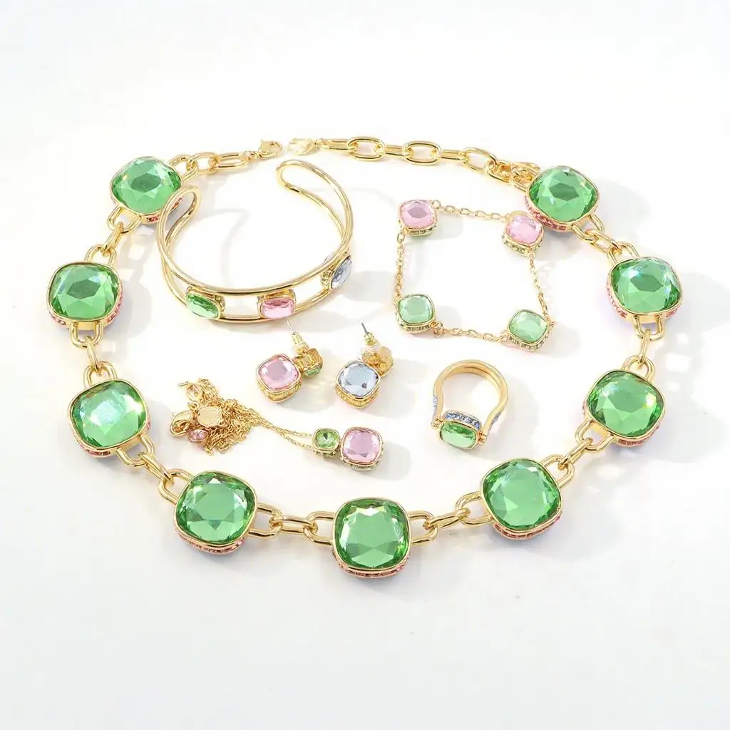 

Original Fine Jewelry Set for Women Green Crystal Pink Crystal Geometric Bracelet Octagonal Cut Crystal Romantic Gift 2025 New